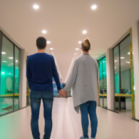  a couple, holding hands, stands in front of a softly lit IVF clinic or a hospital hallway. long road of IVF